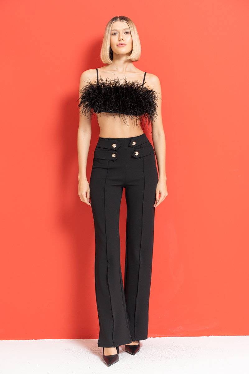 Button Front Black Flare Pants