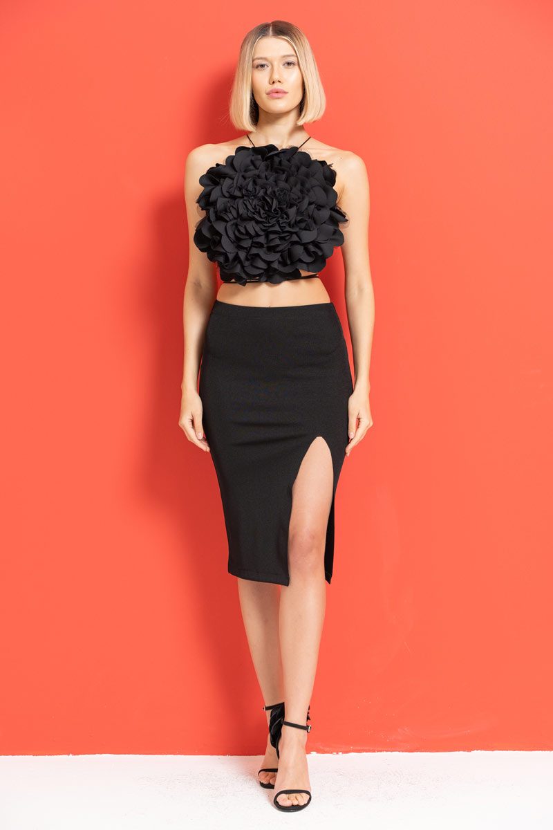 Wholesale Black Split-Front Bodycon Midi Skirt