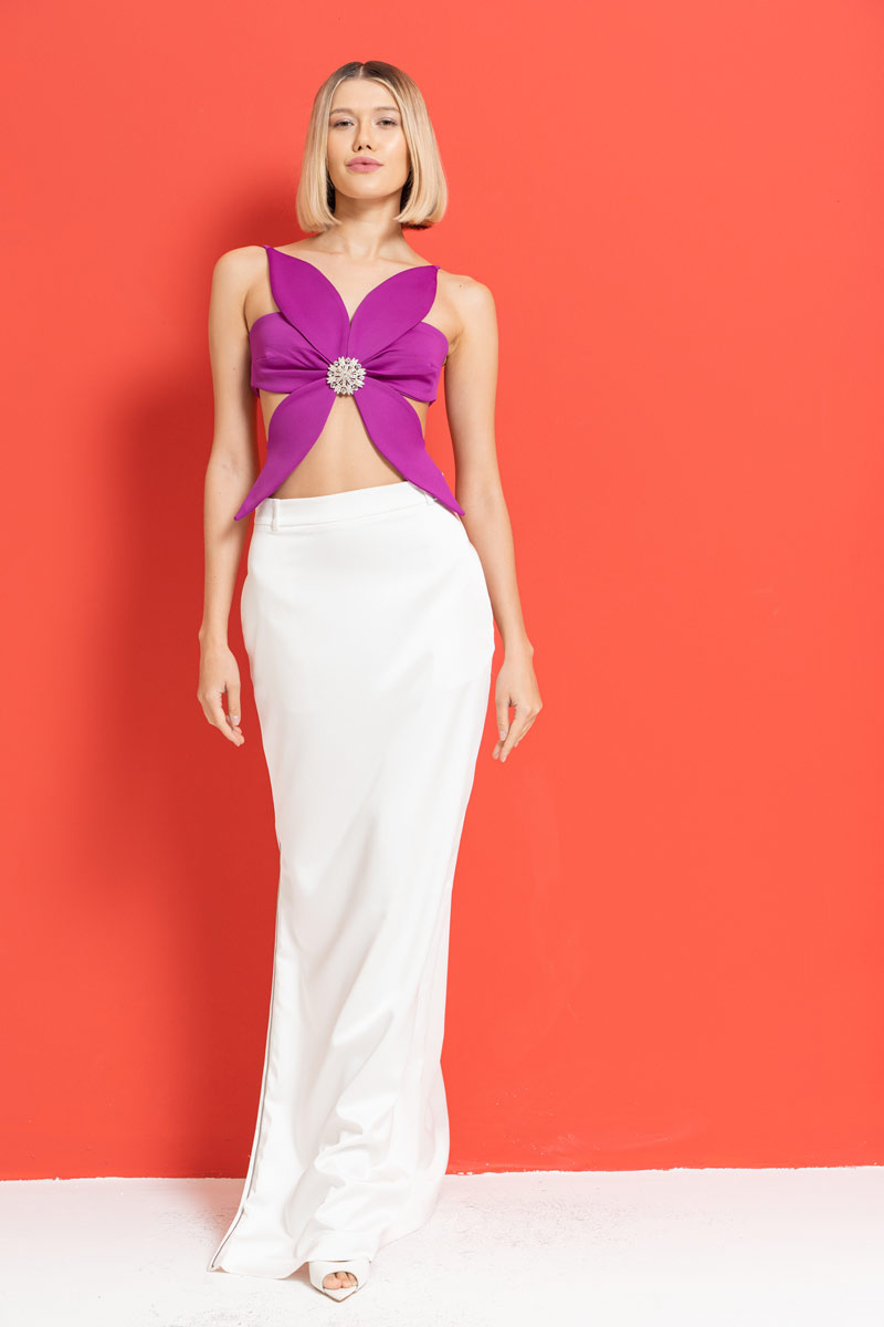 Wholesale Offwhite Zip-Split Satin Maxi Skirt