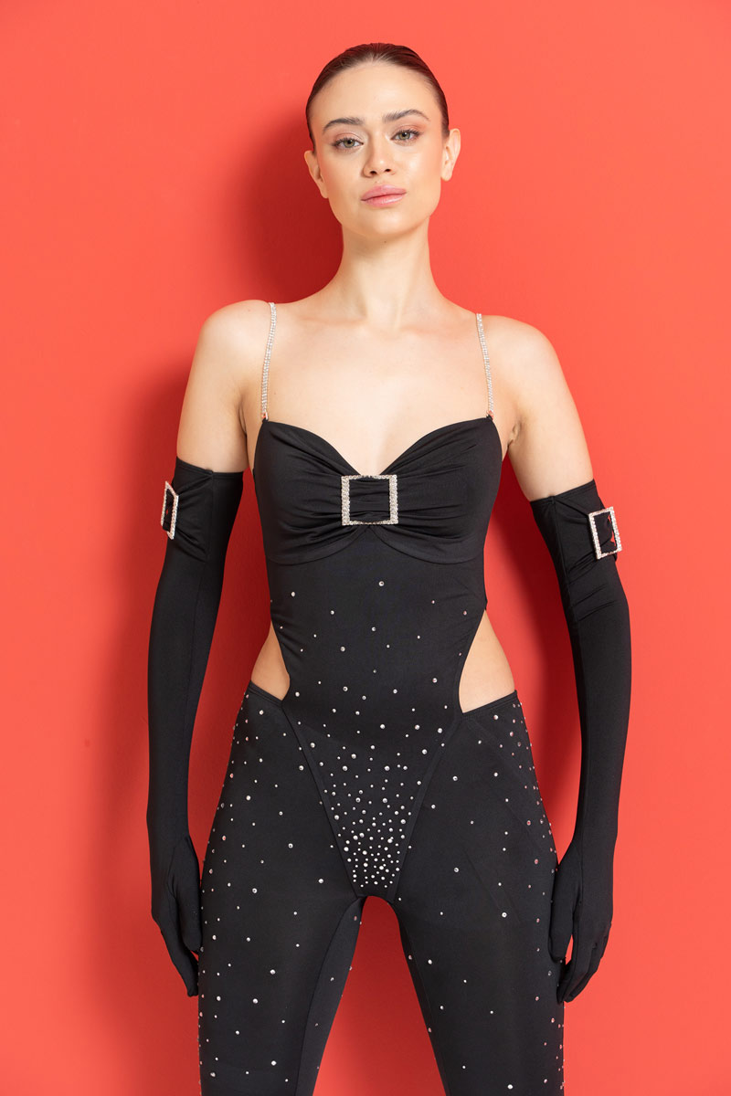 Wholesale Black Cami Catsuit with Embellished Gloves