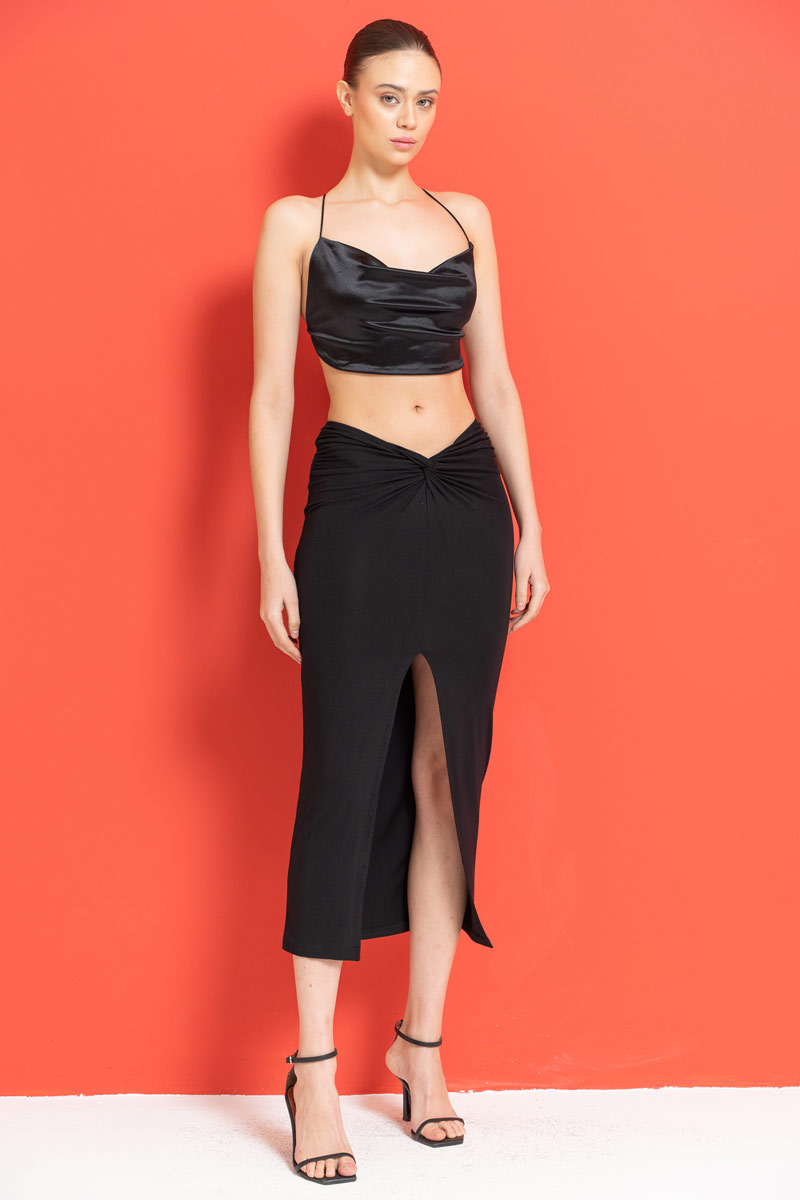 Wholesale Black Ruched Split-Front Skirt