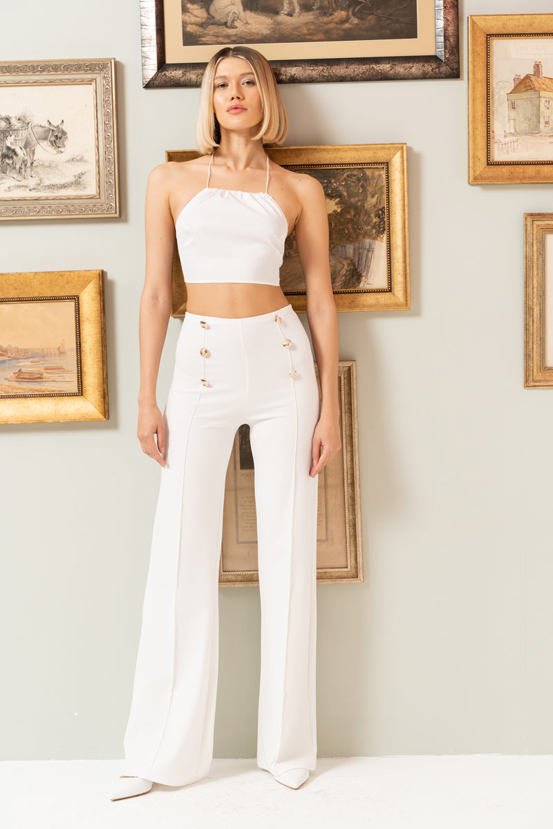 Wholesale Button-Front Wide Leg  Pants in Offwhite