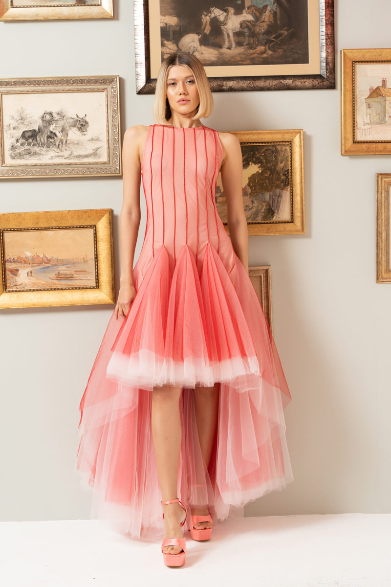 RED & BEİGE Sleeveless High-Low Tulle Dress