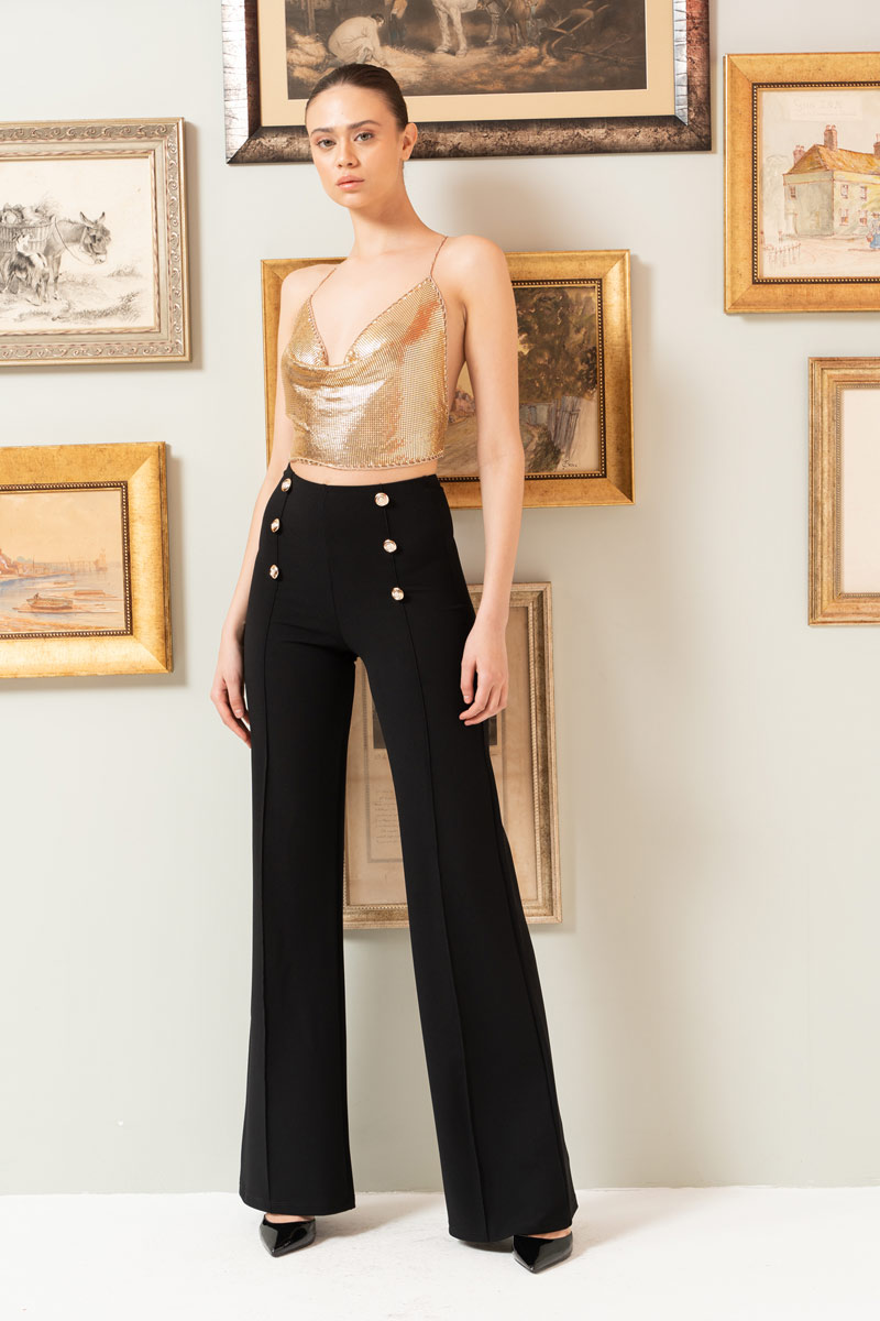 Button-Front Wide Leg  Pants in Black