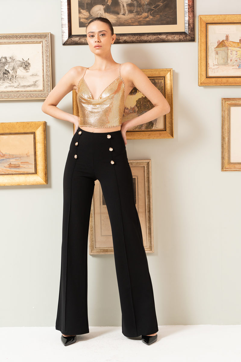 Button-Front Wide Leg  Pants in Black