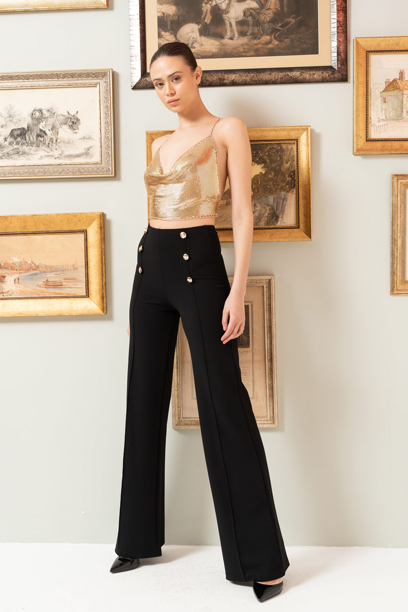 Button-Front Wide Leg  Pants in Black