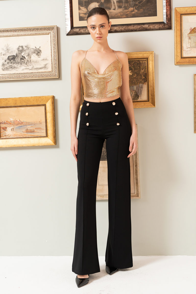 Button-Front Wide Leg  Pants in Black