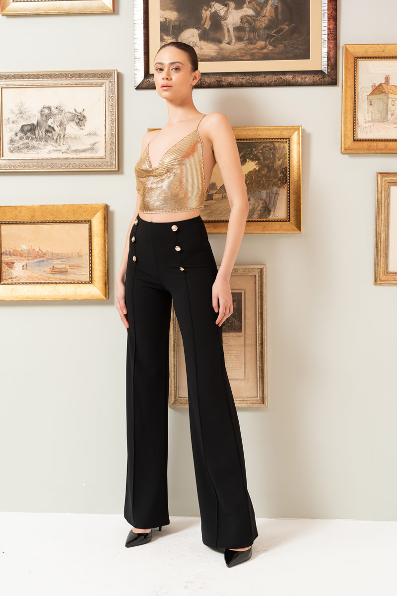 Button-Front Wide Leg  Pants in Black