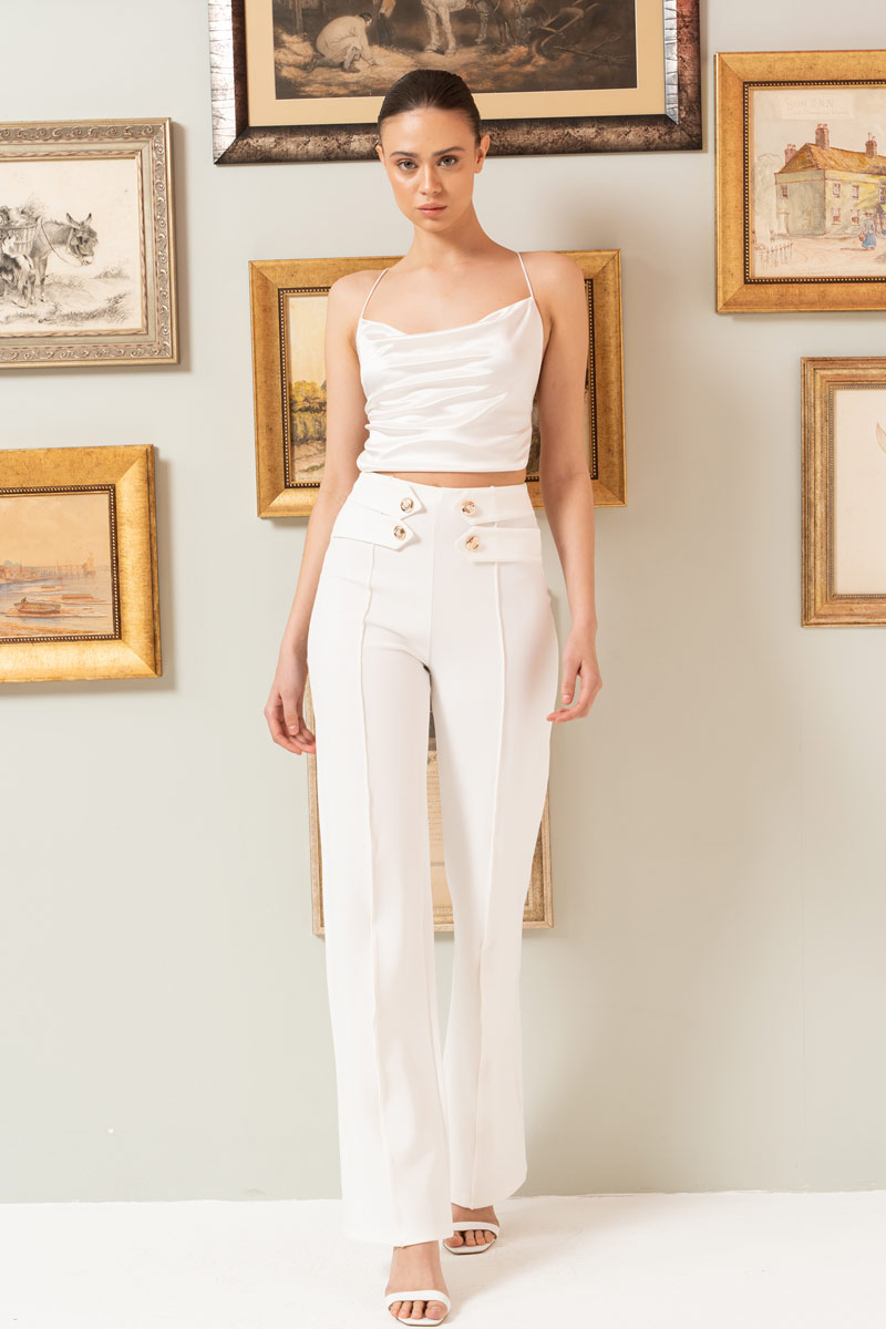 Button Front Offwhite Flare Pants
