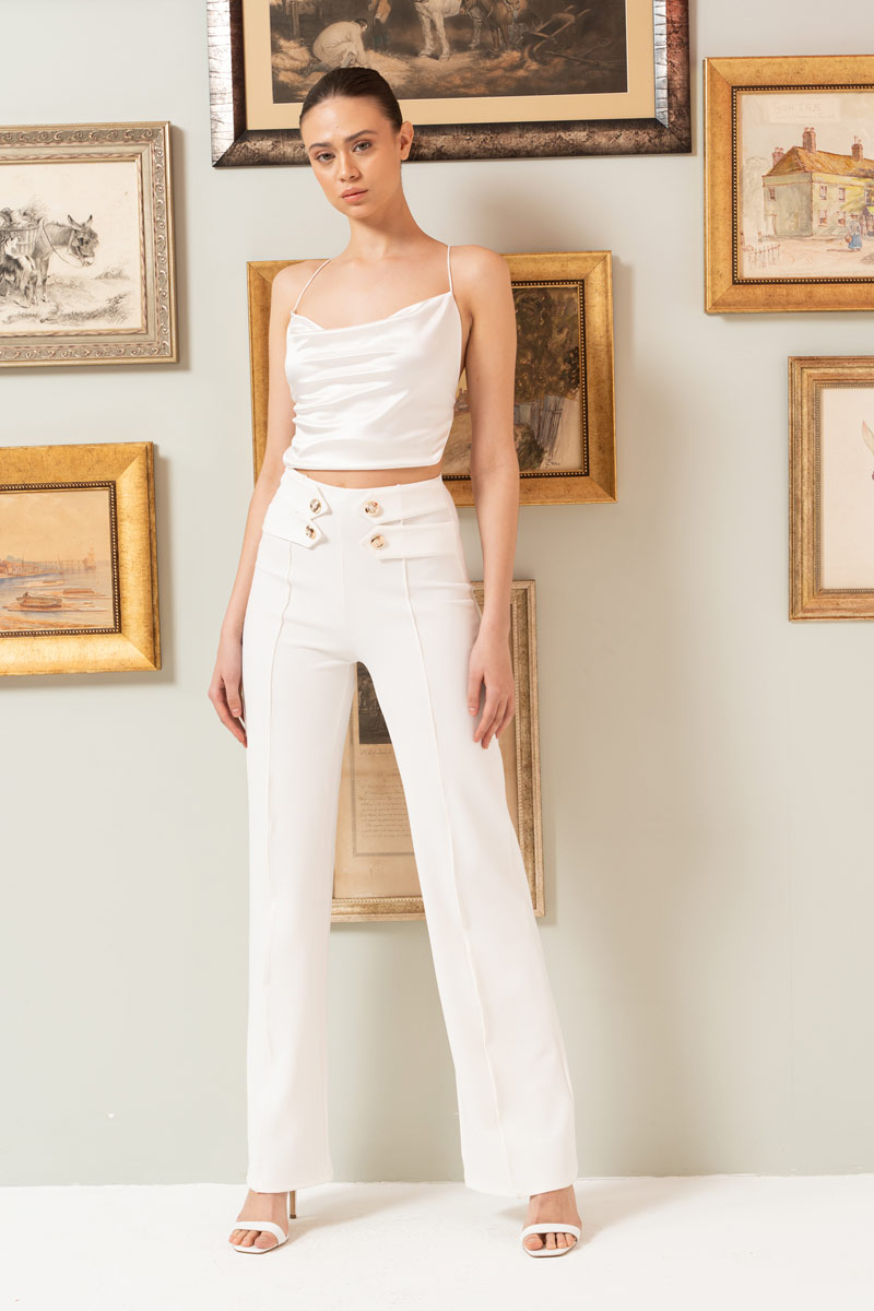 Wholesale Button Front Offwhite Flare Pants