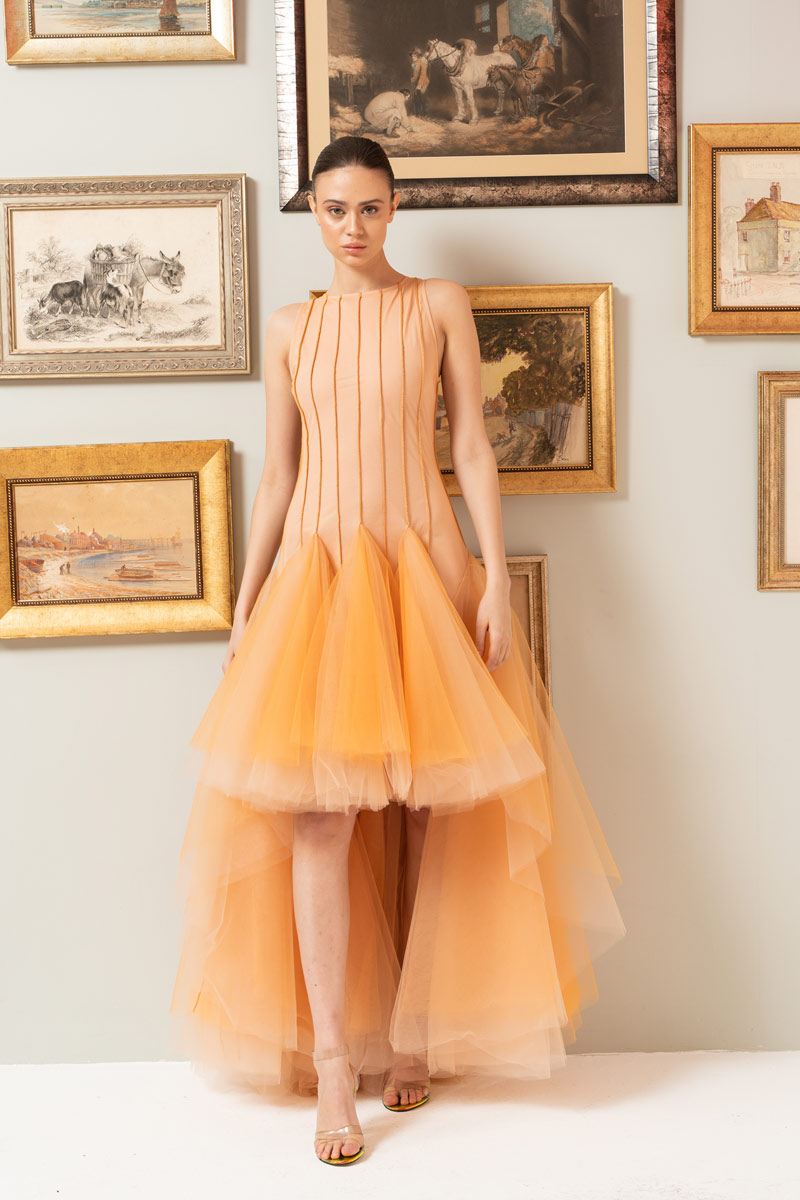 Wholesale ORANGE & NUDE Sleeveless High-Low Tulle Dress