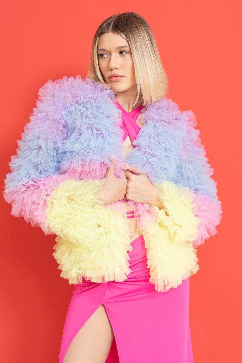 New Lila + Ice Blue + New Pink + Neon Yellow Ruffle-Trim Mesh Cardigan