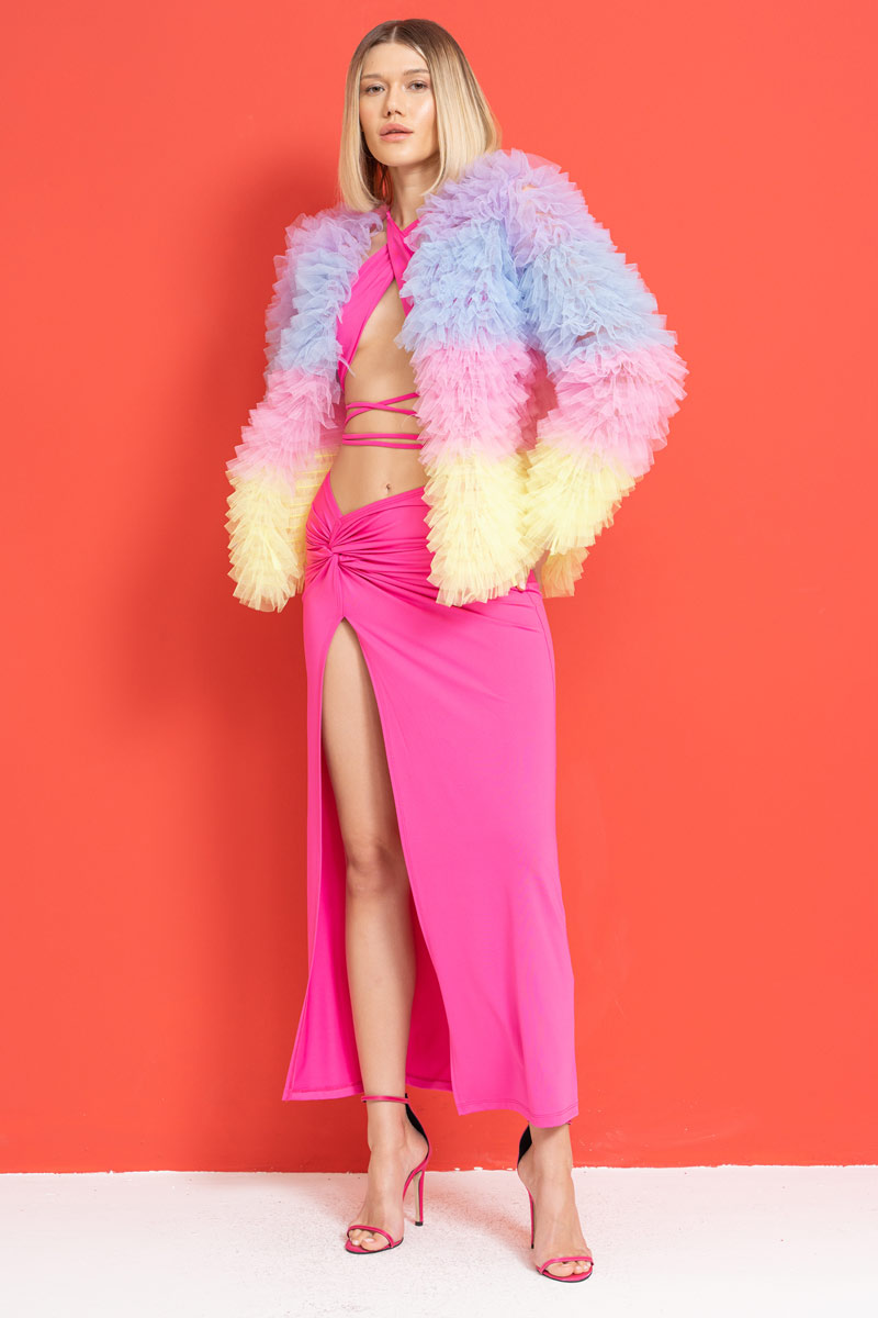Wholesale New Lila + Ice Blue + New Pink + Neon Yellow Ruffle-Trim Mesh Cardigan