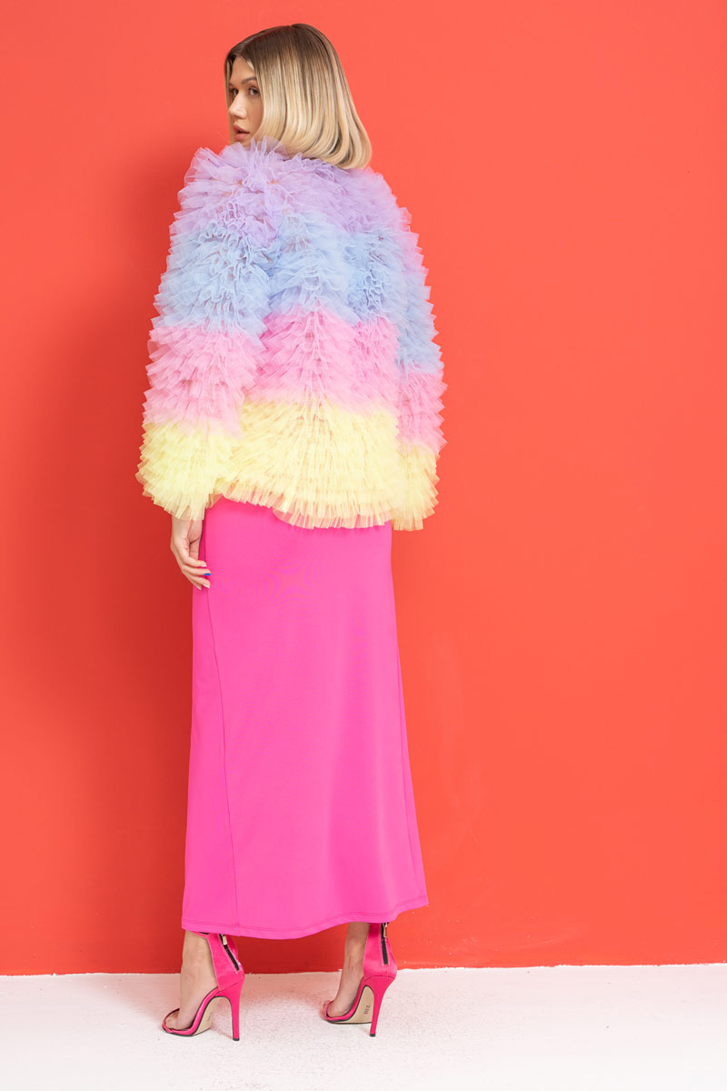 Wholesale New Lila + Ice Blue + New Pink + Neon Yellow Ruffle-Trim Mesh Cardigan