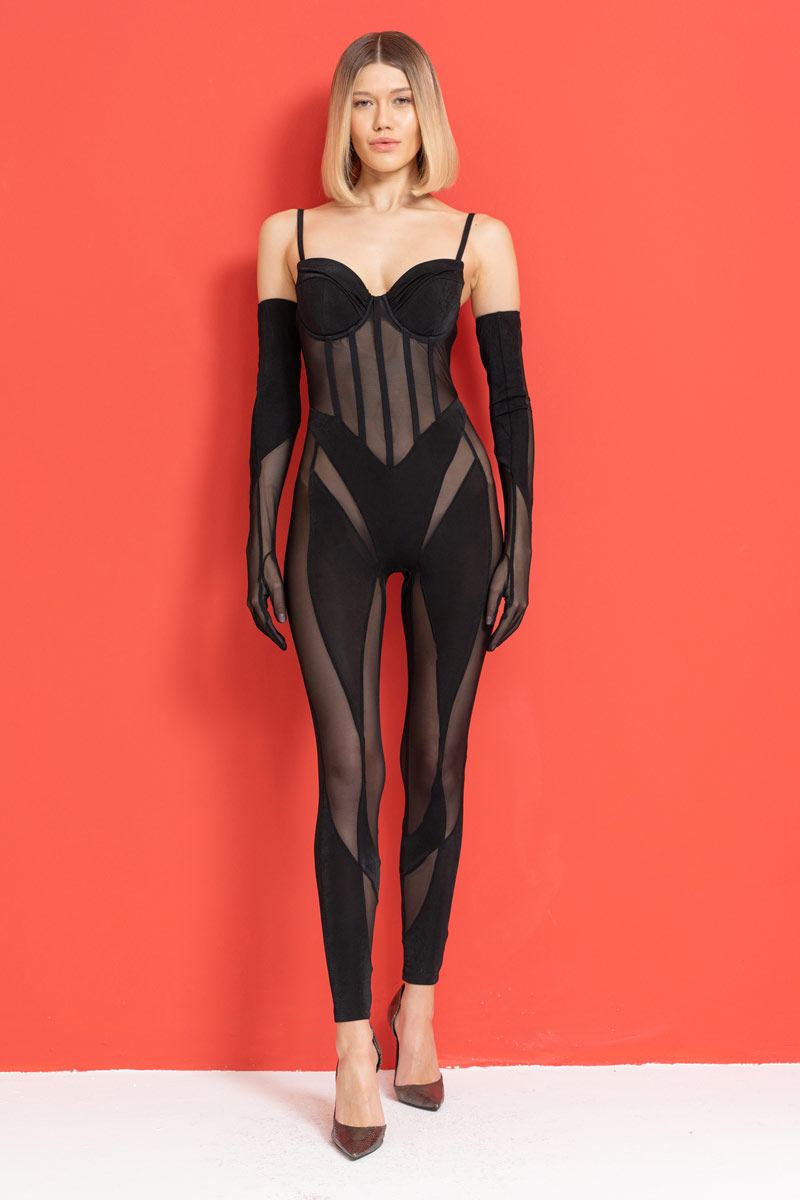 Wholesale Sheer Black Jumpsuit with Padded Cups & Gloves