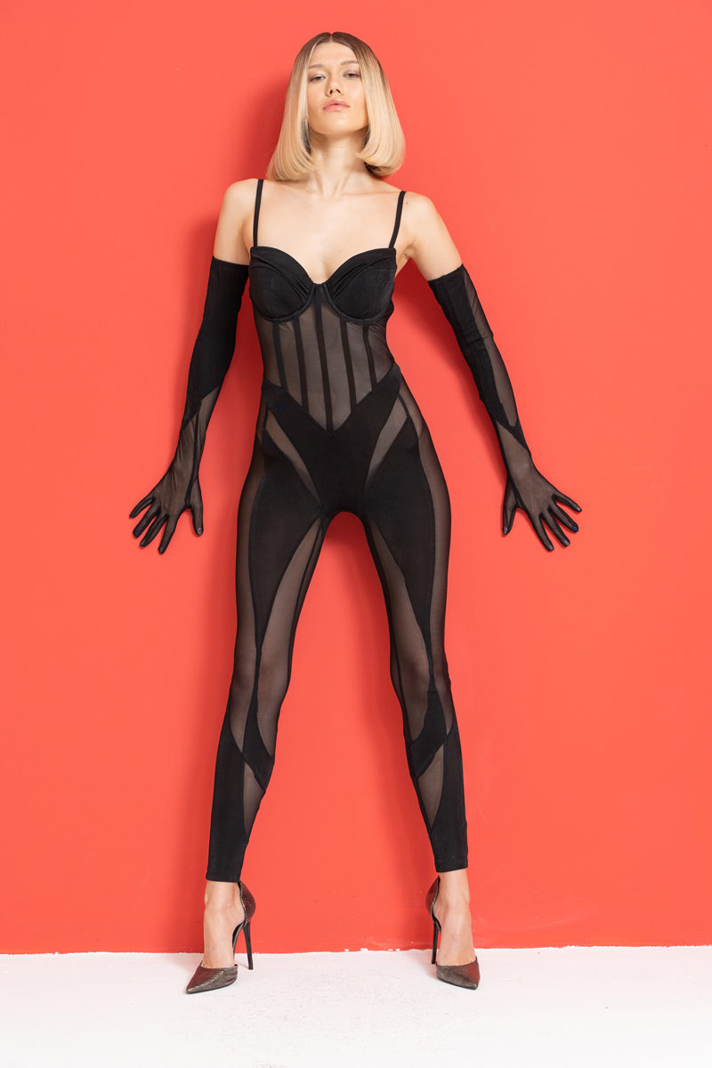 Sheer Black Jumpsuit with Padded Cups & Gloves