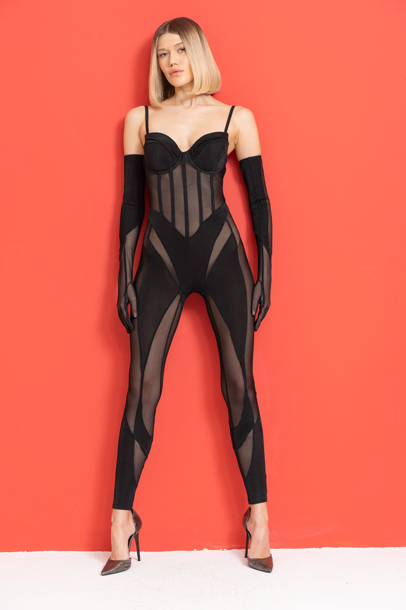 Wholesale Sheer Black Jumpsuit with Padded Cups & Gloves