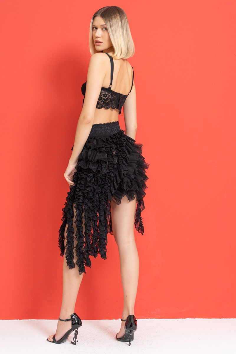 Black Ruffled Lace-Trim Mesh Skirt