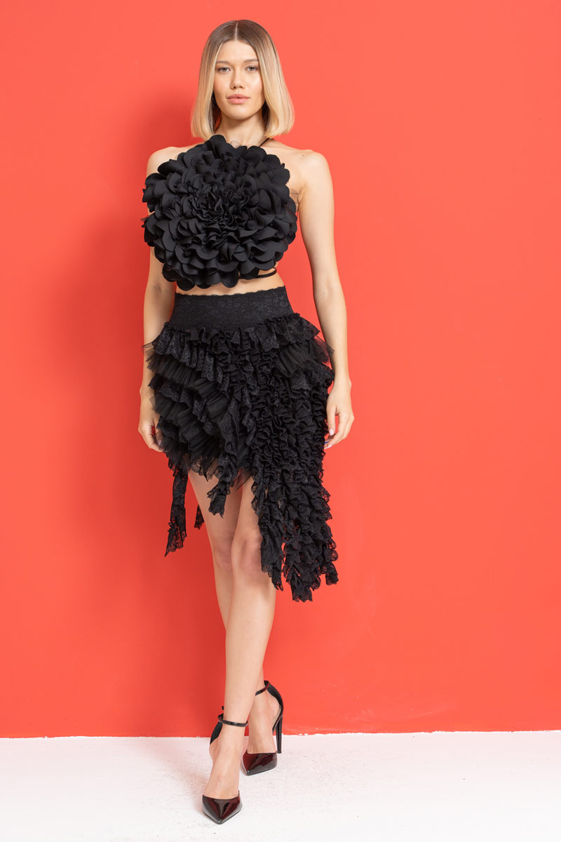 Black Ruffled Lace-Trim Mesh Skirt
