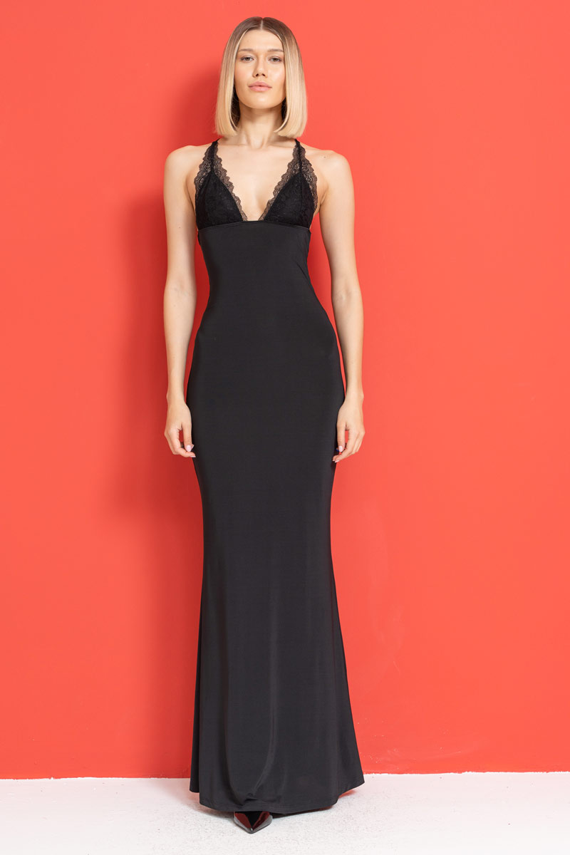 Wholesale Black Backless Lace-Yoke Maxi Dress