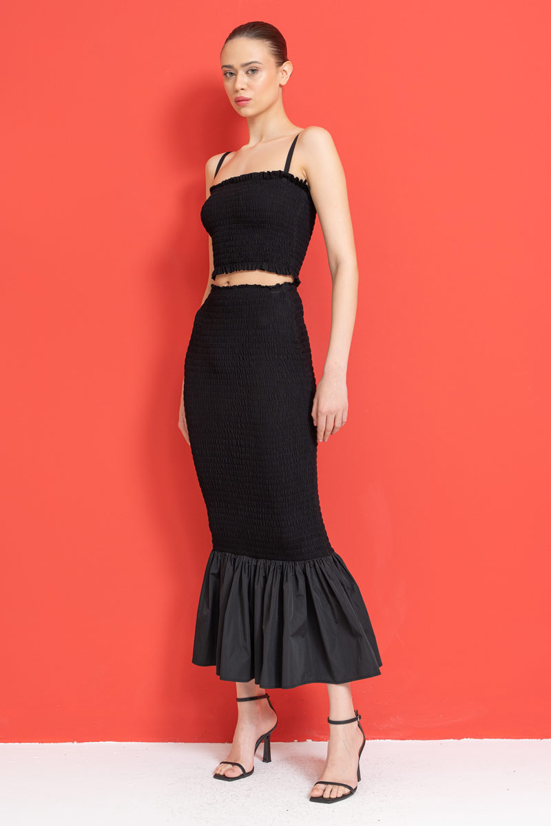 Black Smocked Crop Cami & Skirt Set