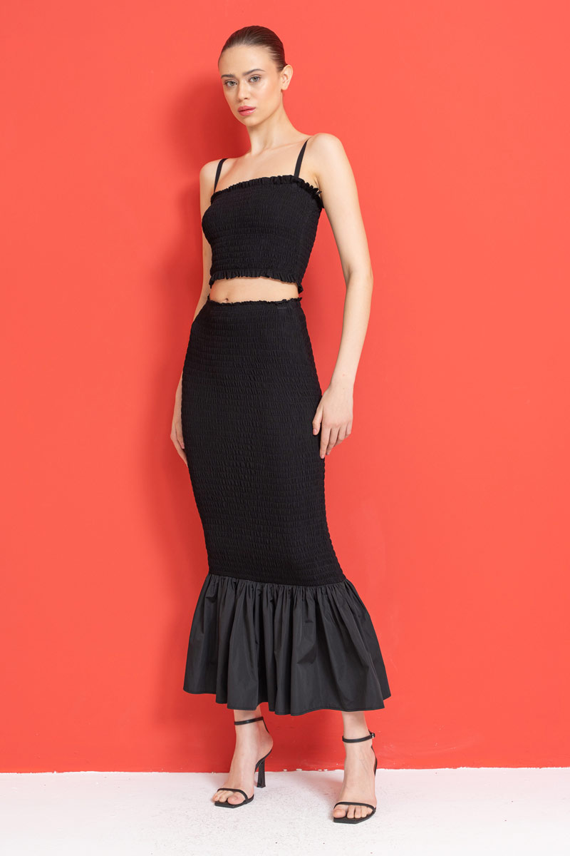 Black Smocked Crop Cami & Skirt Set