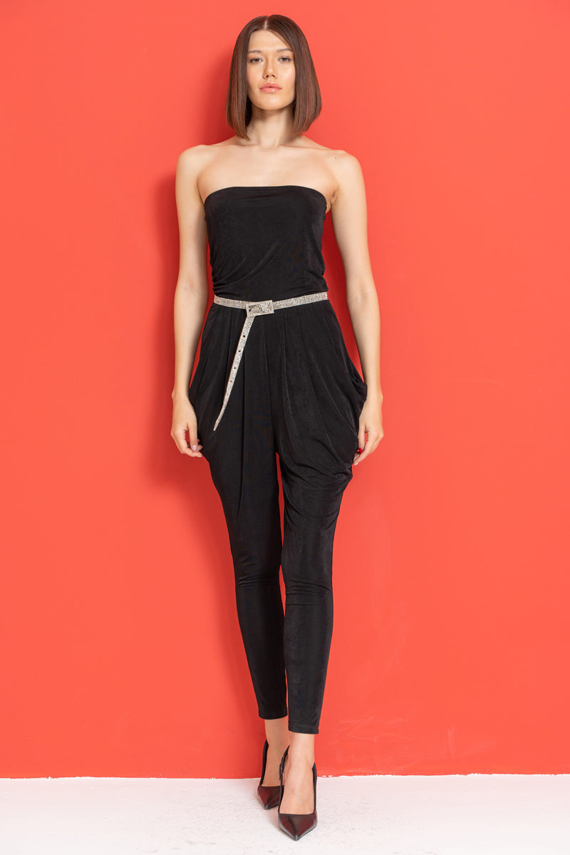 Black Pleated Tube Jumpsuit with Pockets