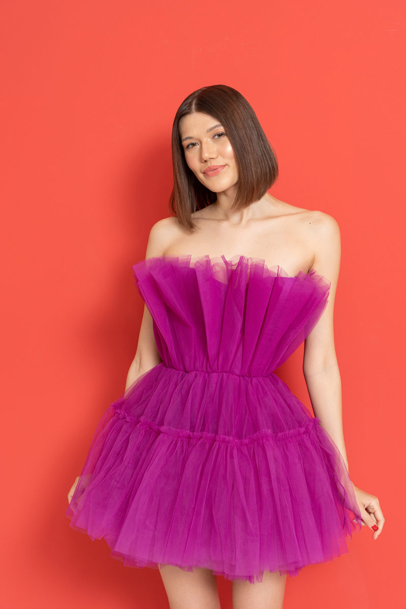 Magenta Off The Shoulder Mini Tulle Dress