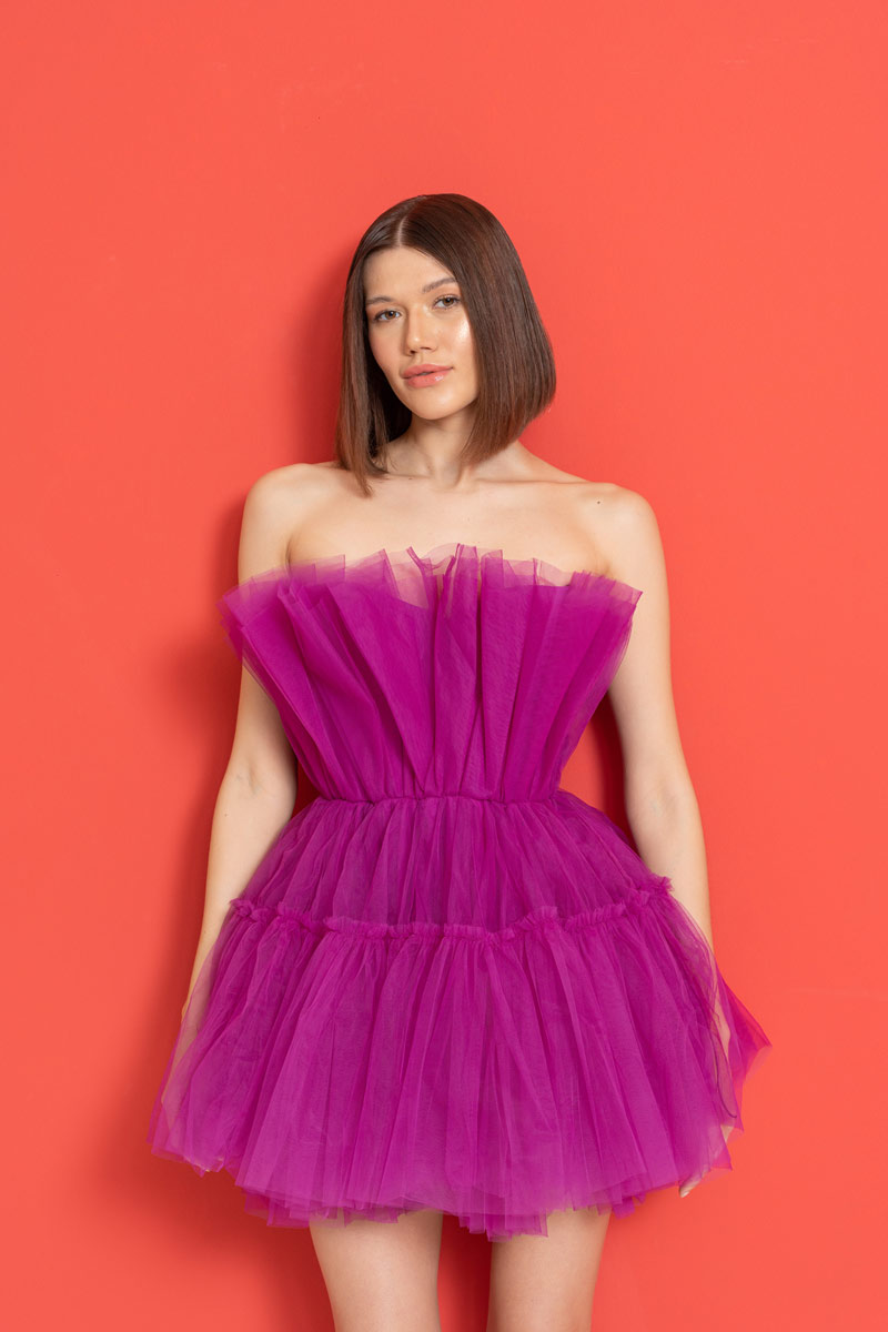 Magenta Off The Shoulder Mini Tulle Dress