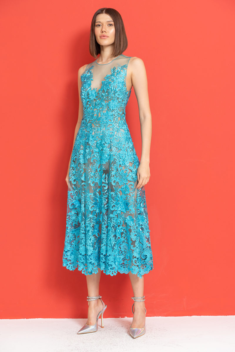 Aqua Embroidered Lace Dress