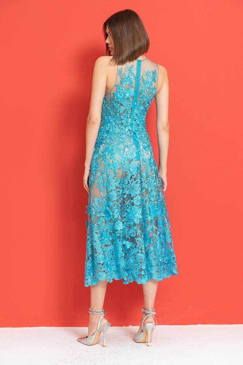 Aqua Embroidered Lace Dress