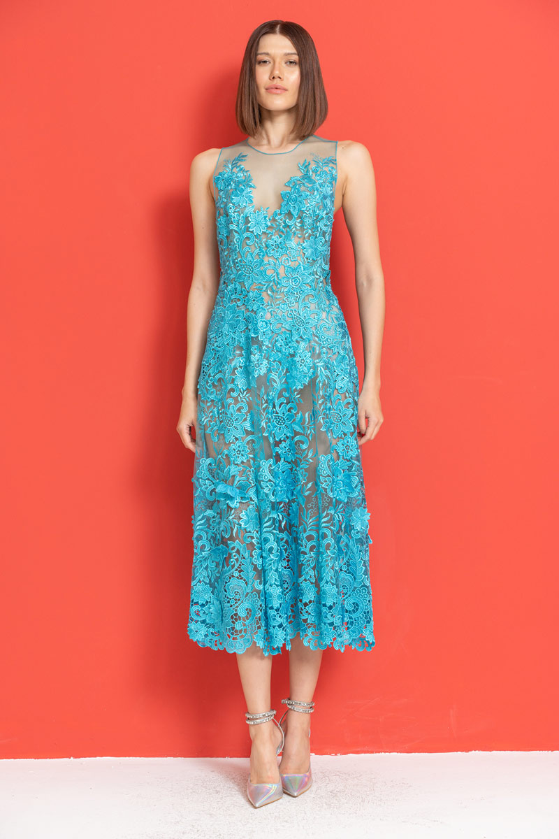 Wholesale Aqua Embroidered Lace Dress