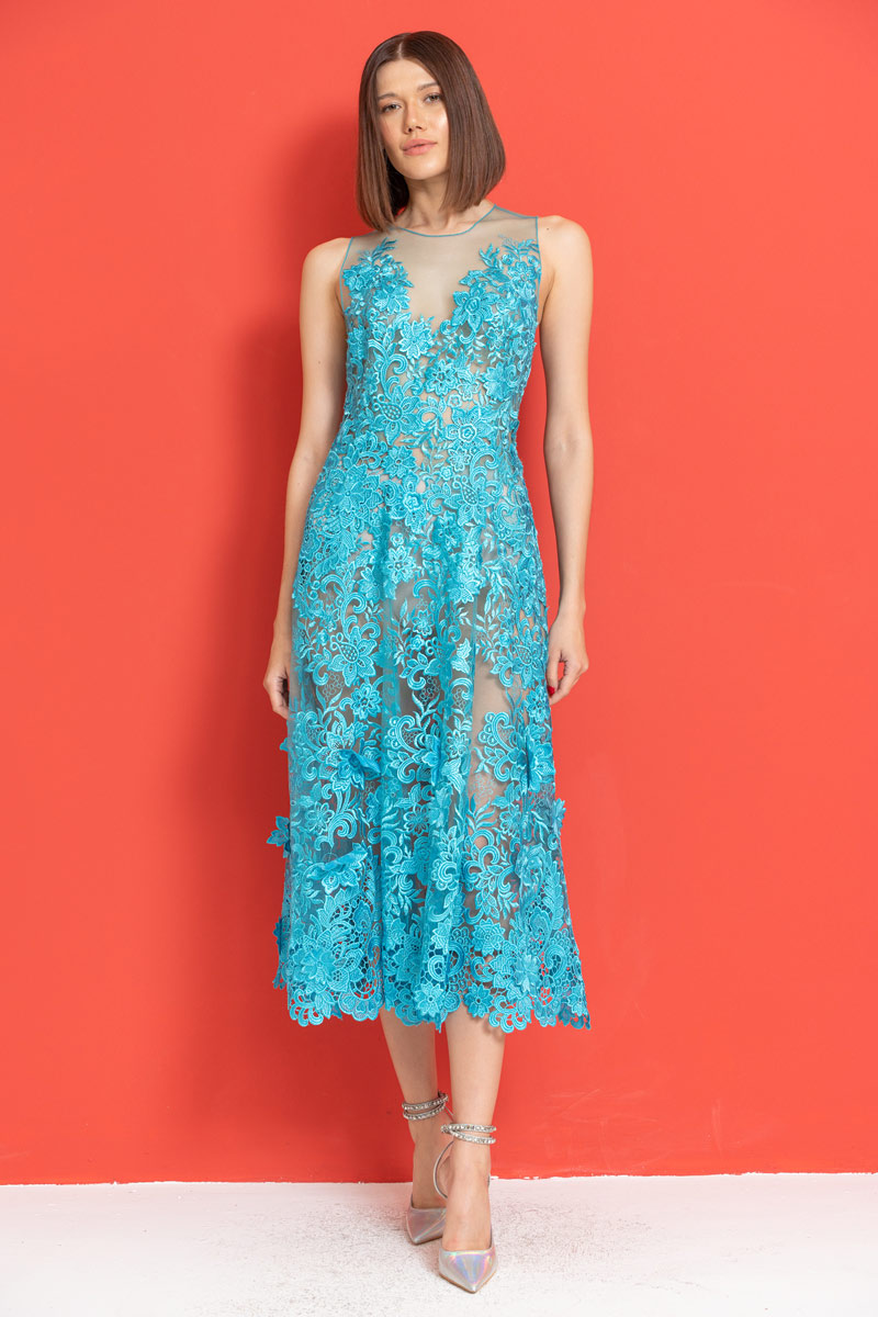 Wholesale Aqua Embroidered Lace Dress