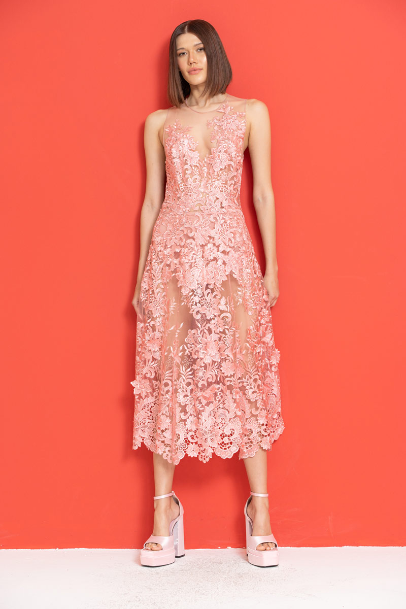 Wholesale Salmon Embroidered Lace Dress