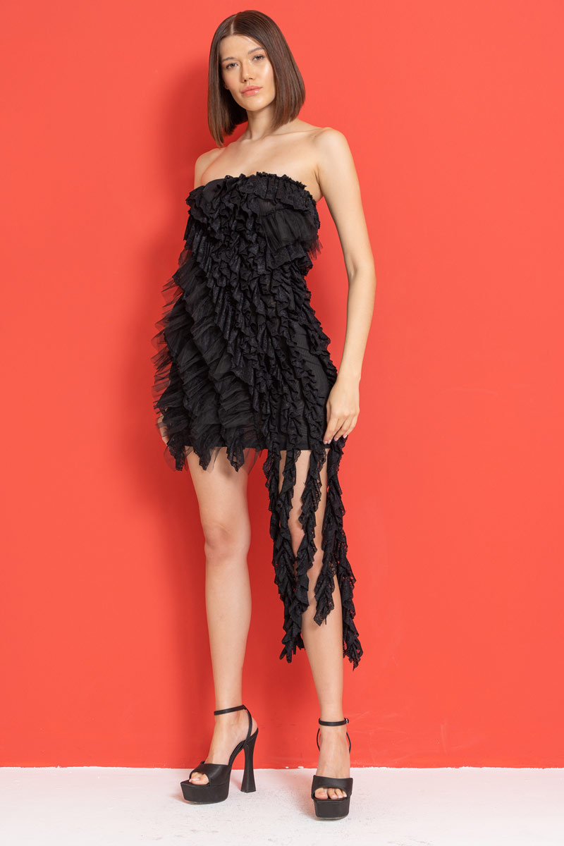 Wholesale Black Tiered Lace Ruffle Tube Dress