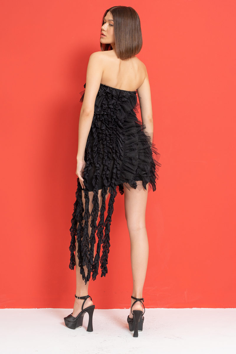 Black Tiered Lace Ruffle Tube Dress
