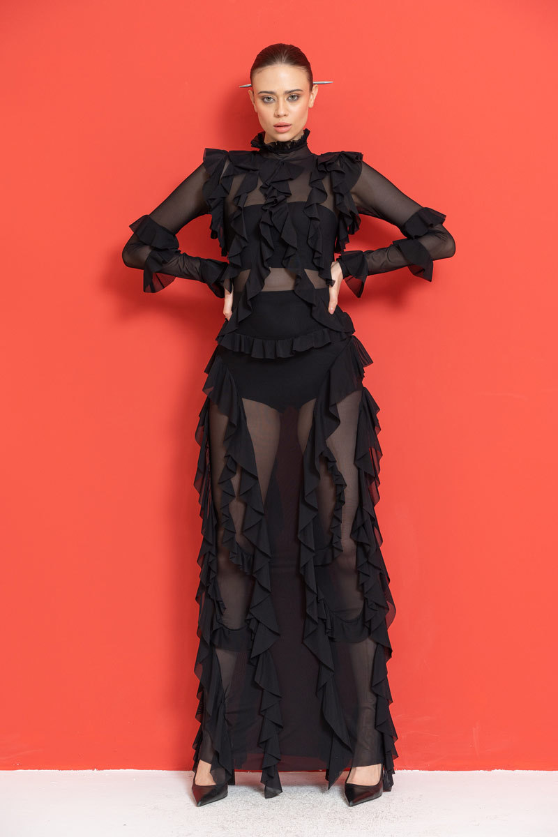 Sheer Ruffled Maxi Dress in Black