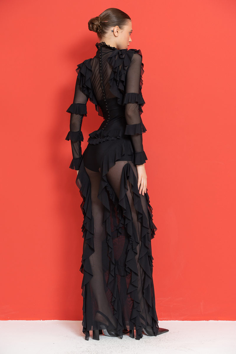 Fırfırlı Siyah Transparan Elbise