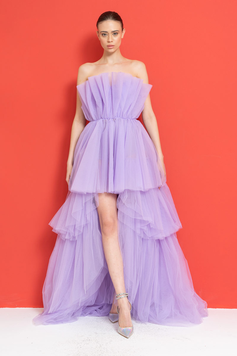 Off The Shoulder New Lilac Ruffle Mini Dress