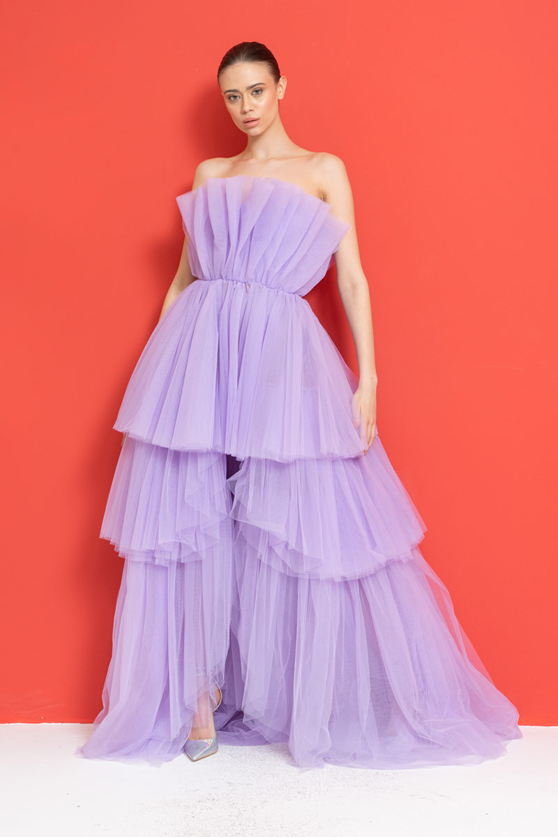 Off The Shoulder New Lilac Ruffle Mini Dress