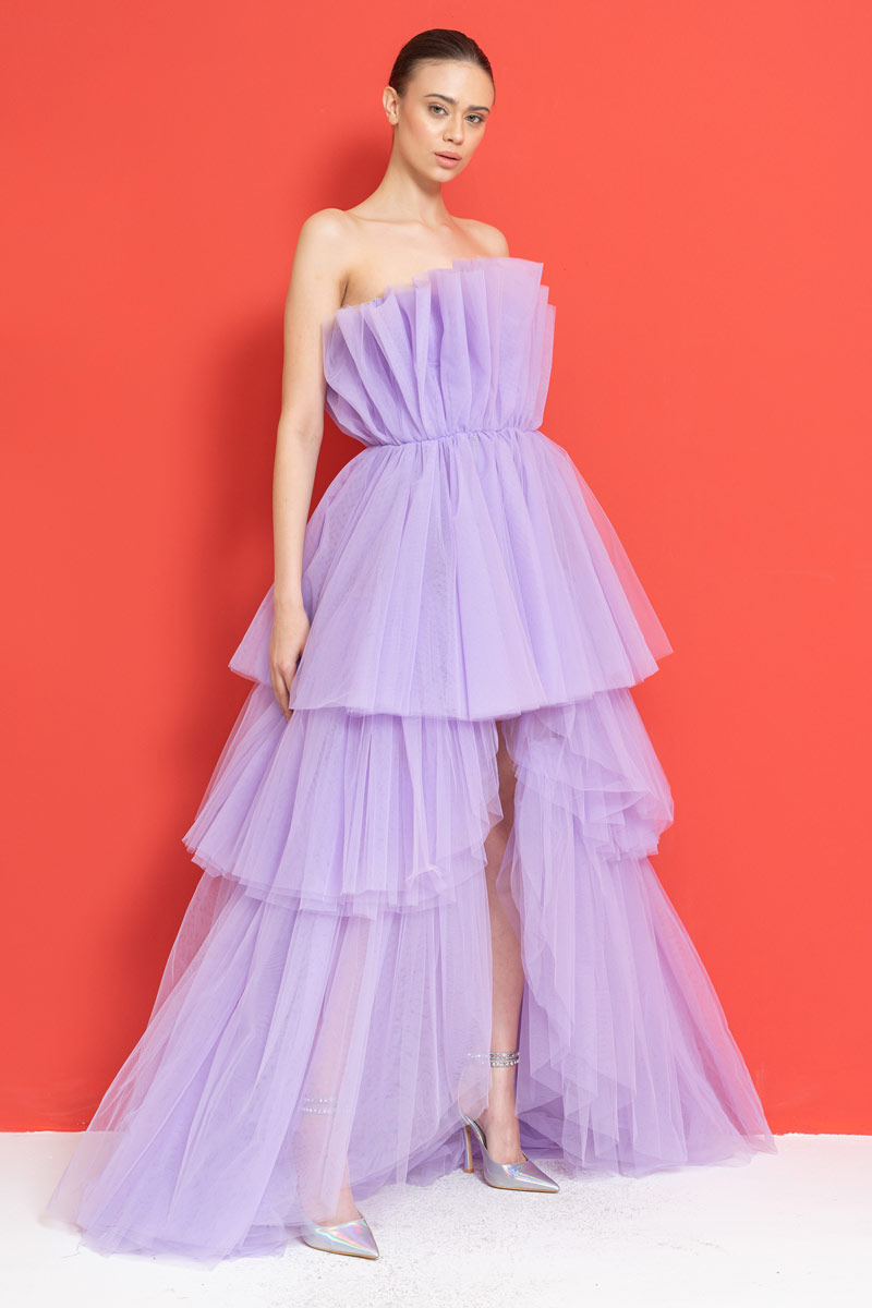 С Открытыми Плечами New Lilac Мини-Платье с Рюшами