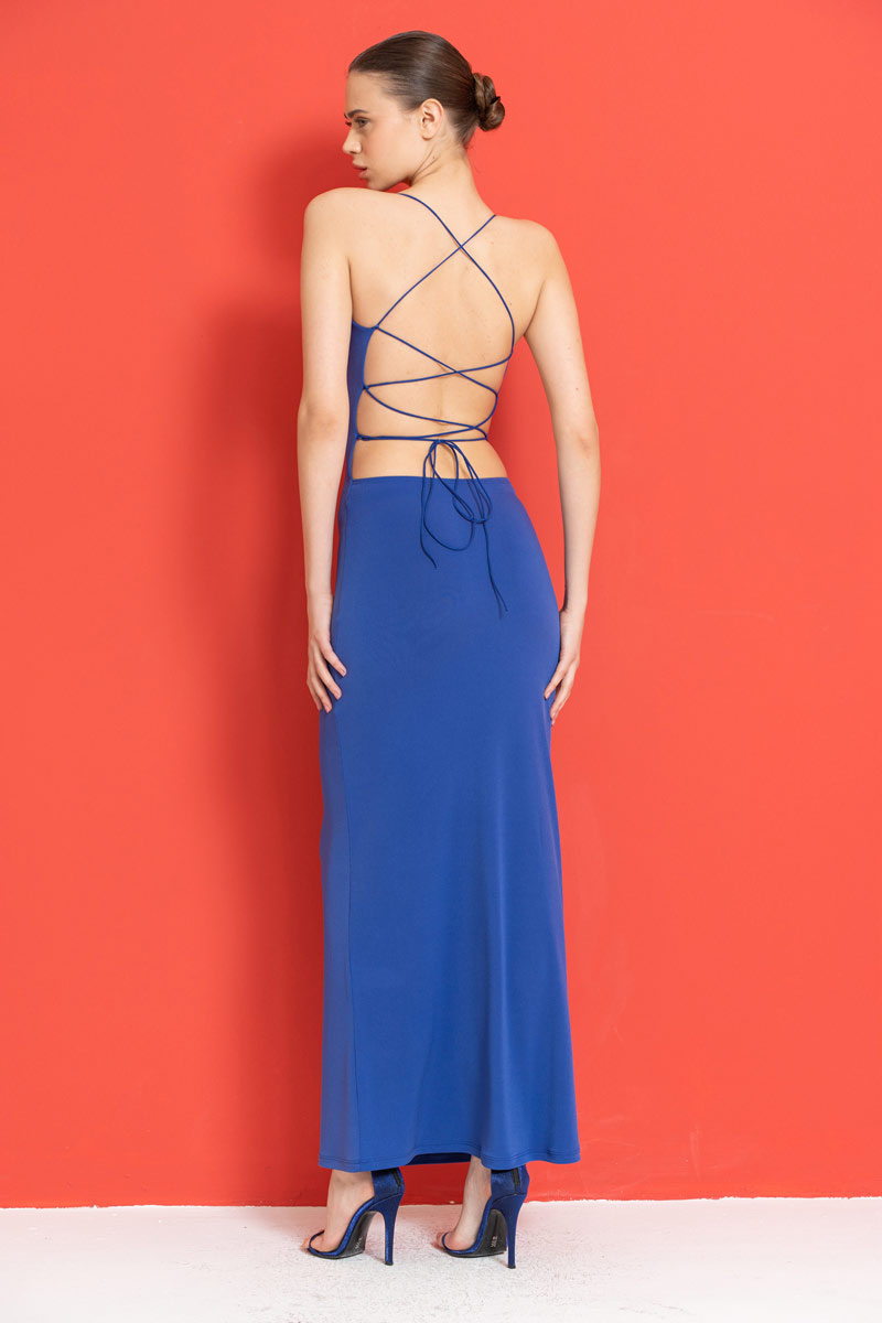 Wholesale Saks Blue Crisscross-Back Maxi Dress
