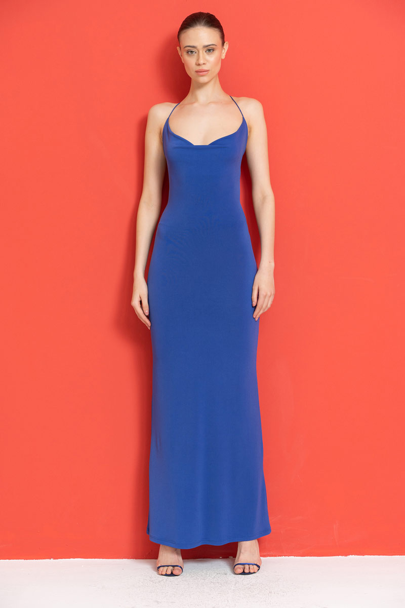 Wholesale Saks Blue Crisscross-Back Maxi Dress
