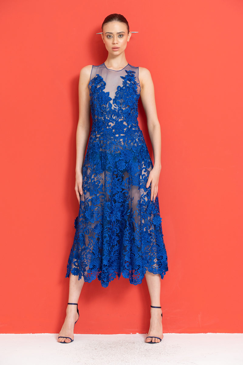 Wholesale Saks Blue Embroidered Lace Dress