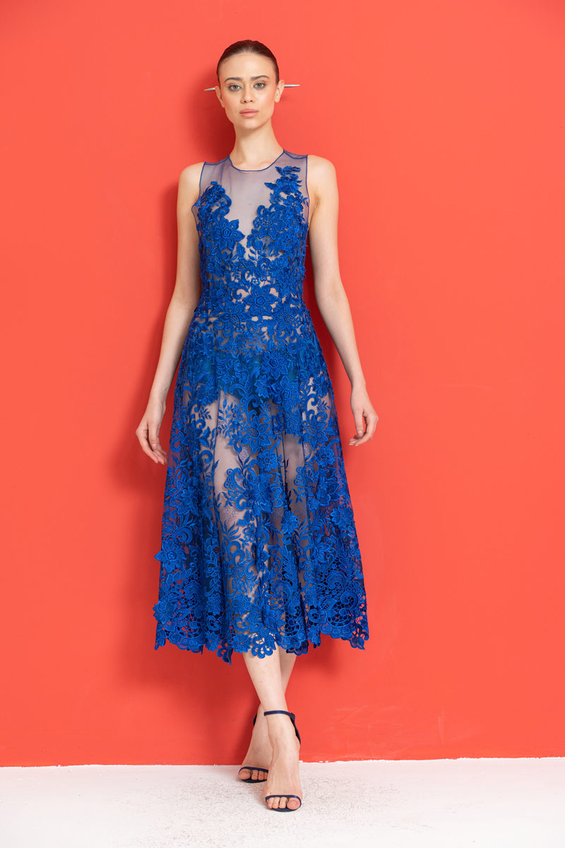 Wholesale Saks Blue Embroidered Lace Dress