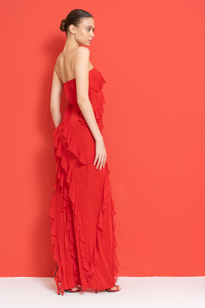 Red Ruffle-Trim Split-Side Tube Dress
