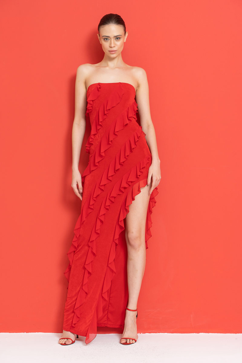 Wholesale Red Ruffle-Trim Split-Side Tube Dress
