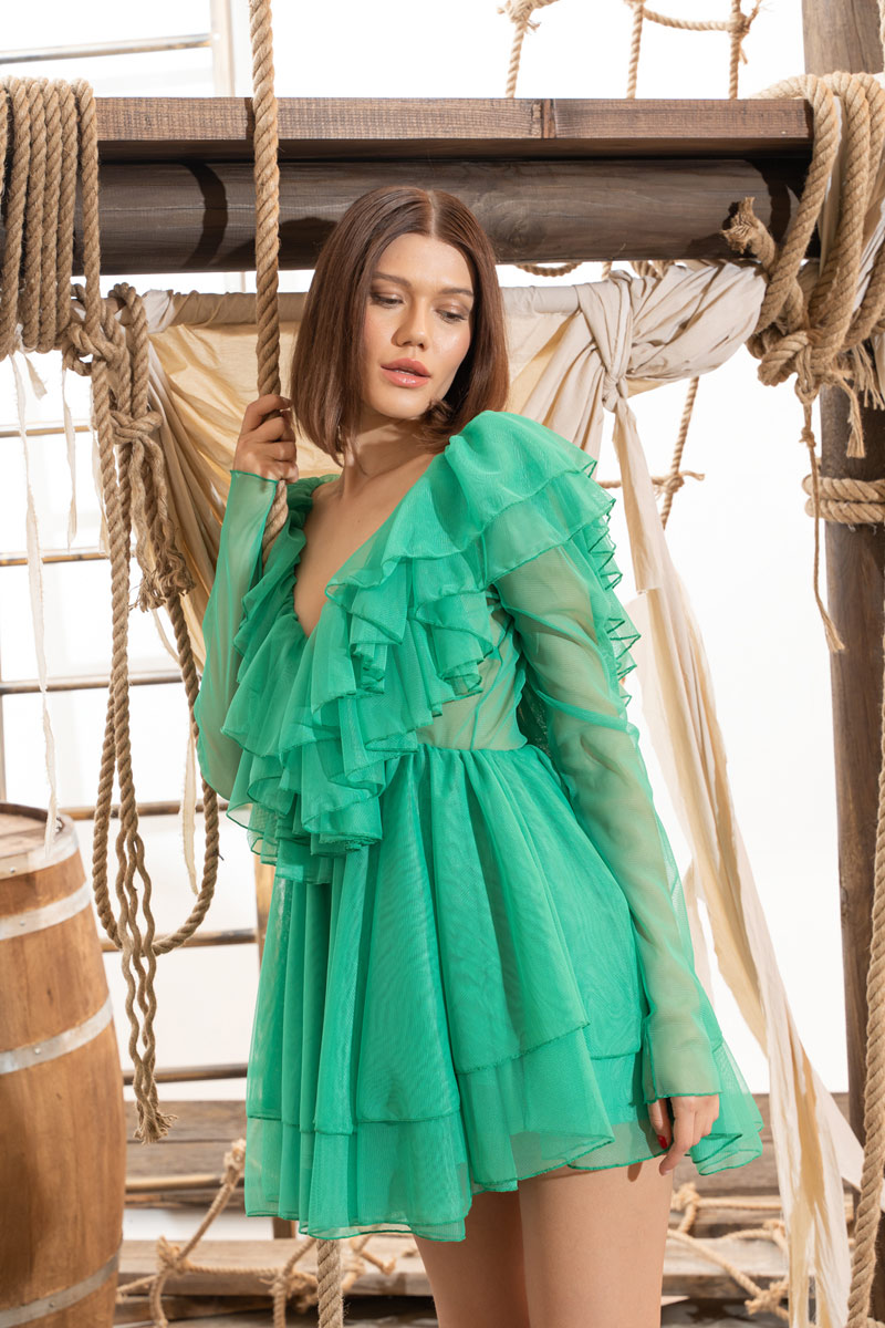 V neck Ruffle New Green Mini Tulle Dress