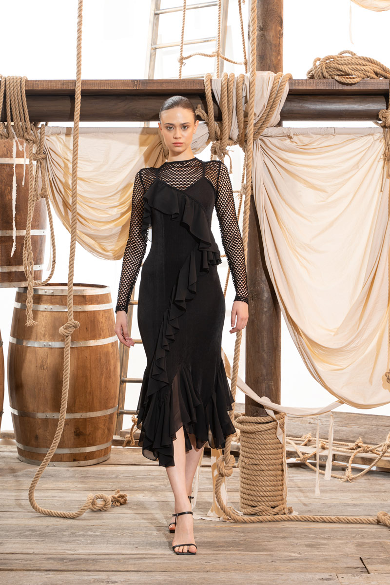 Black Net-Insert Long-Sleeve Ruffle Dress