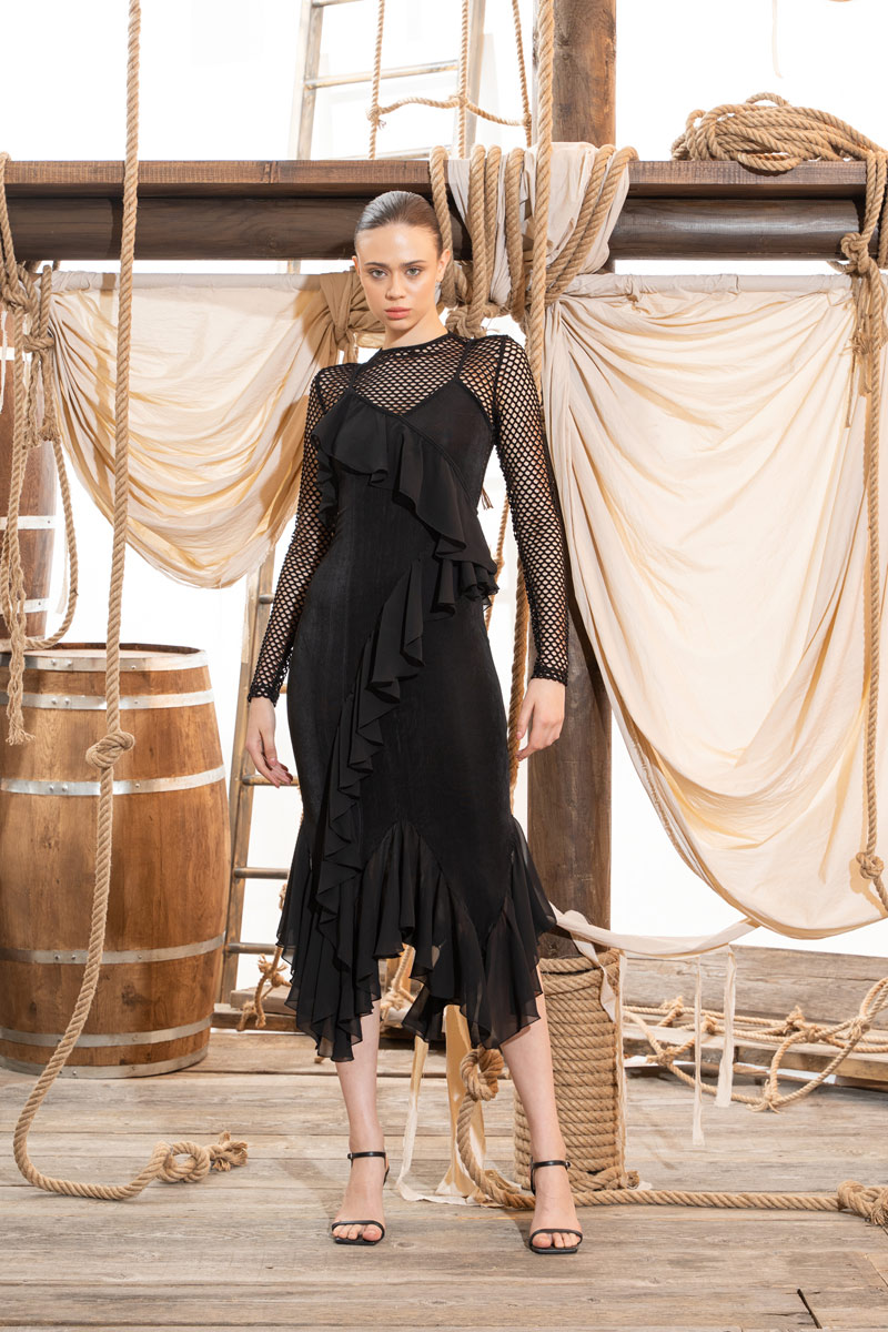 Black Net-Insert Long-Sleeve Ruffle Dress